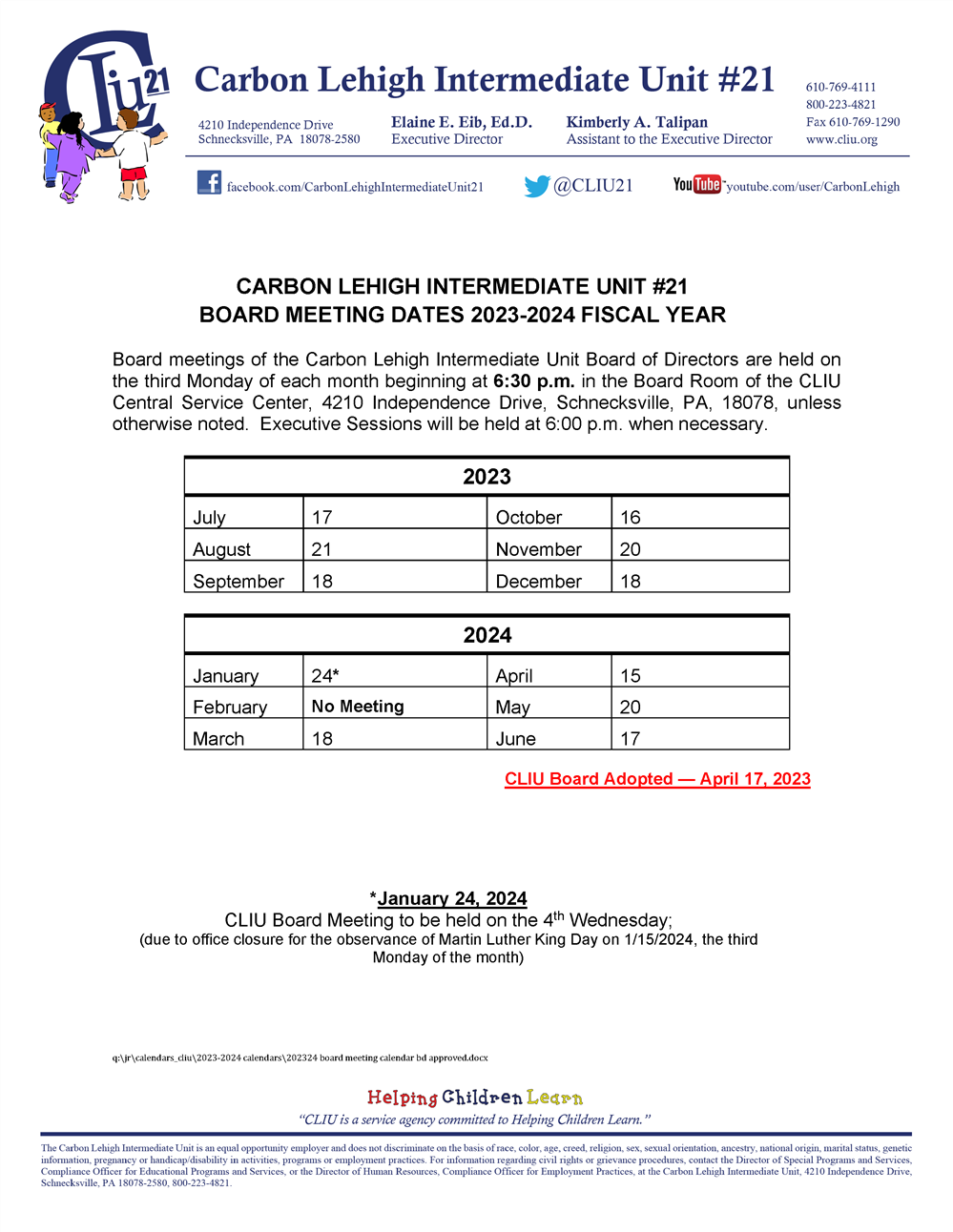 Board Meeting Calendar